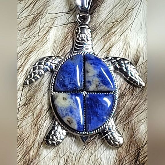 Sodalite Gemstone Turtle Necklace - Picture 1 of 9